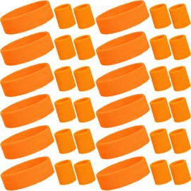 Bememo 36 Pcs Neon Sweatbands Set for Kids End of The Year Student Gifts Bulk 24 Pcs Sports Wristbands 12 Tennis Headbands Kids Sports Sweat Band(Orange)