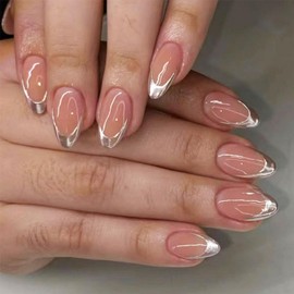 Silver French Tip Press on Nails Medium Length Almond Fake Nails Nude Acrylic Reusable Artificial Nails Full Cover Glossy Stick on Nails for Women Party Wedding Salon Glue on Nails