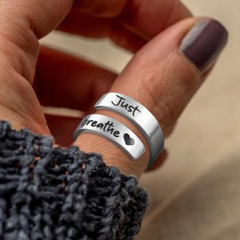 HSWYFCJY Silver Just Breathe Ring for Women, Adjustable Spiral Wrap Healing Rings, Inspirational Heart felt Ring Gift