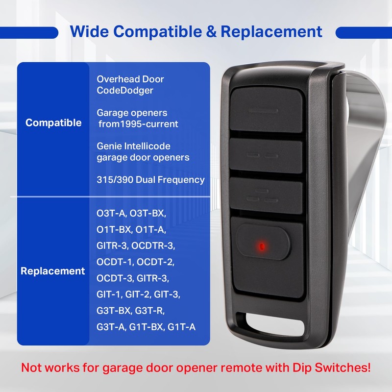 Oraneyun 315/390MHZ Dual Frequency Auto-Seek Overhead Door Garage Opener Remote,