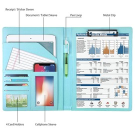 WAVEYU Glitter Portfolio Case for Women, Padfolio Cover for Girls, Conference/Resume/Legal Document Organizer with Letter/A4 Size Clipboard Hardboard, Business Card Holders, Blue+Green