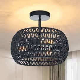 Rattan Black Ceiling Light Fixture, 3-Lights Boho Semi Flush Mount Ceiling Light with Hand-Woven Cage Shade Lamp, Rustic Modern Chandelier for Hallway Bedroom Farmhouse Foyer Entryway Kitchen Nursery