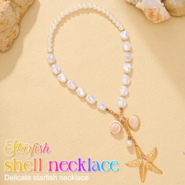 Reaky Pearl Necklace Gold Starfish Necklaces Seashell Necklace Beach Accessories for Women and Girls