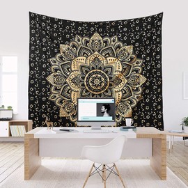 raajsee Indian Tapestry, Mandala, Black Gold, Boho Wall Decoration, Aesthetic Room Décor, Mandala Wall Tapestry, Wall Hanging, Psychedelic, 208X232 CM