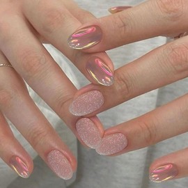 IQXGE Pink Acrylic Press on Nails Short Oval Acrylic Nails Press Ons Full Cover Glue on Fake Nail with Bling Glossy Designs Pink Artificial Stick on False Nail for Women and Girls