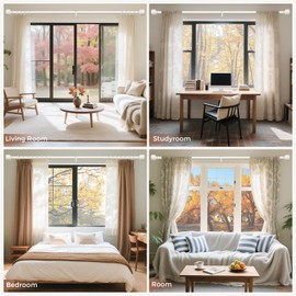 Antique White Wood Curtain Rod, Decorative Heavy Duty Curtain Rods for Windows 48 to 84 Inch, Adjustable Rustic Farmhouse 1'' Metal Drapery Pole with Modern Faux Wood Grain Finials