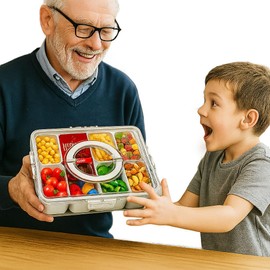 Snackle Box Snack Organizer with Lid & Handle – 8 Compartment Divided Serving Tray for Candy, Fruit, Veggies, Charcuterie – Portable Food Storage Box for Kids, Adults, Beach, Car, Travel, Party