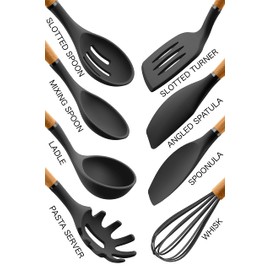Country Kitchen Non Stick Silicone Utensil Set with Rounded Wood Handles for Cooking and Baking, 8 Piece Set, Black