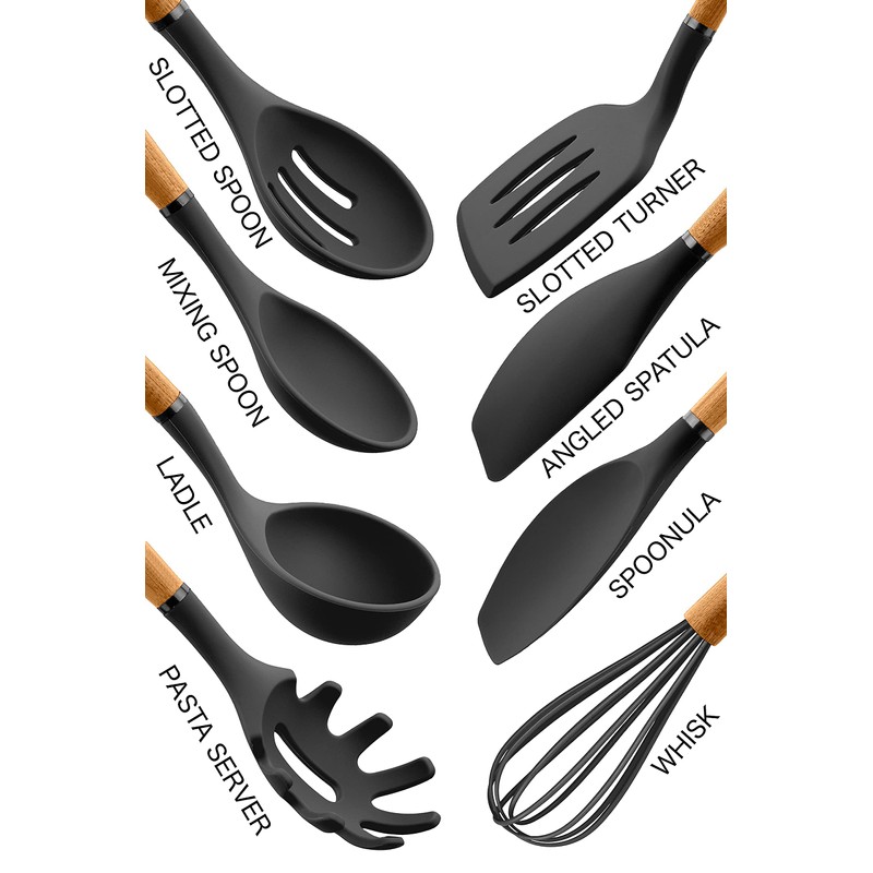 Country Kitchen Non Stick Silicone Utensil Set with Rounded Wood