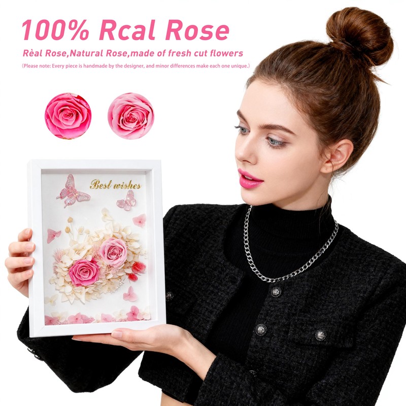 6.5”x8.5” Preserved Flowers Pink Rose Hydrangea Flower Frame with Butterfly