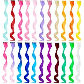 22 Pieces Rainbow Coloured Hair Extensions Clip In for Girls 22 Inch Colourful Curly Wavy Hair Extensions for Party Highlights Hair Accessories Hairpieces for Children Women