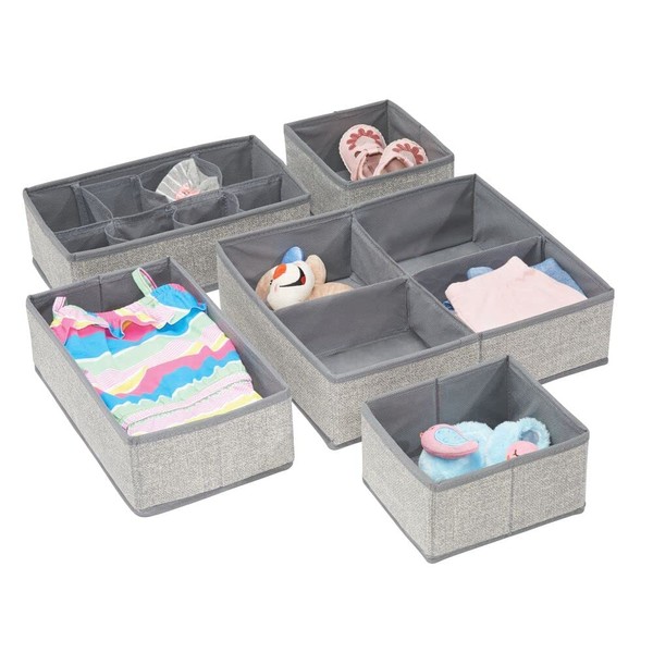 mDesign Soft Fabric Dresser Drawer and Closet Storage Organizer Set for Child/Baby Room or Nursery - Large Set of 5 Organizers, Textured Print - Gray