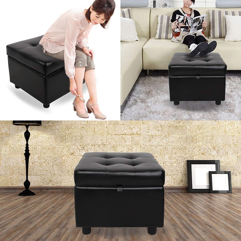 Tufted Leather Square Flip Top Storage Ottoman Cube Foot Rest