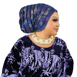 Luxury Pleated Turban Hat Women's Head Wraps African Style Muslim Cap with Gold Stamping Nigerian Headwear (navy blue)