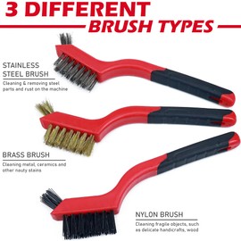 TAKAVU Small Wire Brush Set, 3 Different Types Brush, Brass - Stainless Steel - Nylon Wire Brushes for Cleaning with Curved Handle Grip for Rust Removal, Dirt, Paint Scrubbing