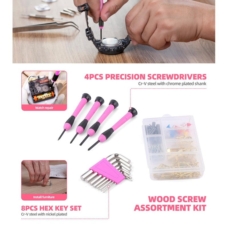 URASISTO Pink Household Tool Set with 3.6V USB Electric Screwdriver,