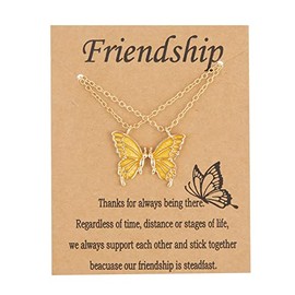 Friendship Necklace Matching Butterfly Necklace Gold Plated 2 Best Friend Butterfly Pendant Necklace for Women Friends BFF Long Distance Birthday Gifts-yellow