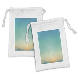 Lunarable Aqua Fabric Pouch Set of 2, Twilight Sunset Morning Clear Sky Dawn Nature Clouds Horizon Artwork, Small Drawstring Bag for Toiletries Masks and Favors, 9" x 6", Turquoise Orange