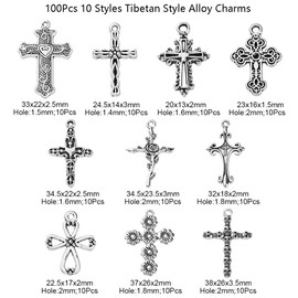 Ornazy 100 pcs 10 Styles Tibetan Cross Charms Antique Silver Religious Charms Vintage Crucifix Dangle Charms for DIY Necklace Bracelet Jewellery Findings