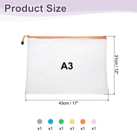 HARFINGTON 6pcs Mesh Zipper Pouch Bags A3 17" x 12" Plastic Waterproof Mesh File Bag Clear Document Zipper Pouches for Classroom Home Travel Office Supplies Organization, 6 Colors