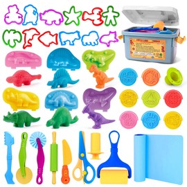 Playdough Tools Sets for Kids Ages 2-4, 37pcs Play Dough Accessories with Storage Box, Mat, Rolling Pins, Safety Scissors, Plastic Knife, Stamps, Animal and 3D Dino Molds for Boys Girls