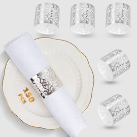 Pack of 150 Premium Laser Cut Foil Napkin Rings Paper Napkin Holders for Wedding, Party, Dinner, Table Decoration, Special Occasions and Catering Services (Silver)