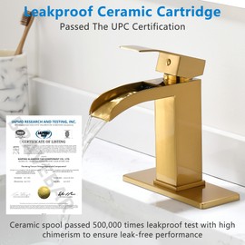 BRAVEBAR Waterfall Bathroom Faucet Gold - Single Handle Sink Faucets Bathroom 1 Hole Or 3 Hole for 4In | Modern Solid Vanity Faucet with Deck Plate & Overflow Pop Up Drain Brushed Gold