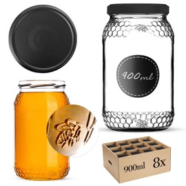 KADAX Honey Jars, 900 ml, Preserving Jars with Fi82 mm Screw Lid, Jars for Honey, Jam Jars, Screw Jars, Preserving Jars (Matte Black, Pack of 8)