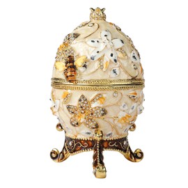 QIFU Pearl White 5.7”H Easter Egg Replics Hand Painted Enameled Jeweled Trinket Box Hinged Unique Gift for Home Decor
