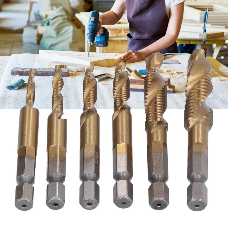 6Pcs Combination Drill Tap Bit 1/4in Hex Shank Spiral Tapping