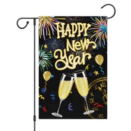 Wodison Happy New Year Garden Flag 12X18 Inch Double Sided for Outside, Small Burlap Fireworks Cheers Celebration New Years Party Yard Decorative Flag