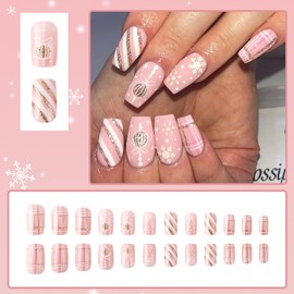 RIICFDD Christmas Press on Nails Short Coffin Fake Nails Pink Acrylic Nails Gold White Stripe Stick on Nails Artificial Glossy False Nails Full Cover Snowflake Glue on Nails for Women Nail Art 24 Pcs