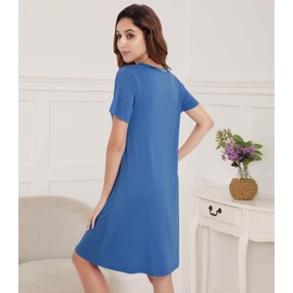 NACHILA Nightgowns for Women-Viscose Made from Bamboo, Soft Sleepshirts Short Sleeve Nightshirts Loose Sleepwear Prussian Blue XL
