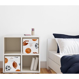 Sweet Jojo Designs Sports Theme Boy Collapsible Fabric Storage Cubes Foldable Bins Organizer Boxes Kids Baby Childrens Toys Set of 2 - Watercolor Soccer Balls Football Baseball Basketball Blue Stars