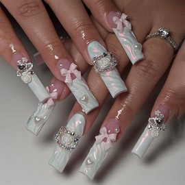 IMRAIN Press on Nails Long Length Square Fake Nails with Cute Pink Bow Designs Baby Blue French Tips False Nails Full Cover Kitten & Pearl Artificial Acrylic Glue on Nails for Women Girls 24Pcs