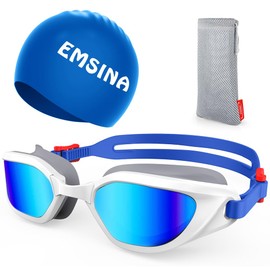 Emsina Swim Goggles, Swimming Goggles Swim Pool Goggles Anti Fog Super Clear Vision for Men Women Adults Youth_BlueWhiteBlueCap