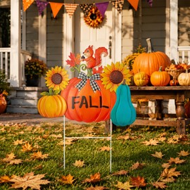 HONGLAND Fall Decorations Outdoor, Fall Letter Pumpkin Decorative Metal Sign with 3D Sunflower Squirrel for Autumn Decor, Thanksgiving Fall Decor for Garden Yard Lawn Porch Home Outside