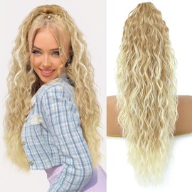 LEDIZE Ponytail Extension, Claw Clip on Pony tails Hair Extension for Women 22 Inch Long Wavy Curly Fake Ponytail Clip in Hair Pieces for Women Fluffy Natural Looking (Blond To Light Blonde)