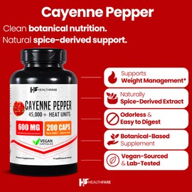 Healthfare Cayenne Pepper Extract 600mg | 200 Veg Capsules | 45,000 HU | Vegan, Non-GMO, Gluten-Free | Made in The USA