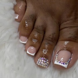 Press on Toenails French Tip Fake Toe Nails Short Square False Toenails Rhinestone Glossy Full Cover Acrylic Glue on Toe Nails Bling Summer Beach Artificial Stick on Toe Nail for Women Manicure 24 Pcs