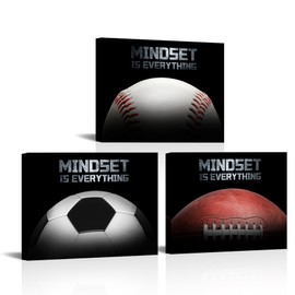 xiysien Soccer Baseball American Football Wall Art Inspirational Quotes Sports Themed Framed Prints Artwork for Office Home Wall Decor 12''x16''x3PCS