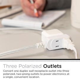 Cordinate Designer 3-Outlet Extension Cord, 2 Prong Power Strip, Extra Long 15 Ft Cable with Flat Plug, Braided Chevron Fabric Cord, Slide-to-Close Safety Outlets, White/Gray, 43431