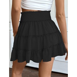 FEOYA Womens Ruffle Mini Skirt Flared Y2K Short Skirts High Waist Stretchy Boho Built-in Shorts Skorts Teen Girls Skirt Black