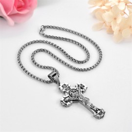 JewelryWe Men's Necklace Retro Religious Jesus Cross Pendant 316L Stainless Steel Necklace with 22 Inch Chain,Silver