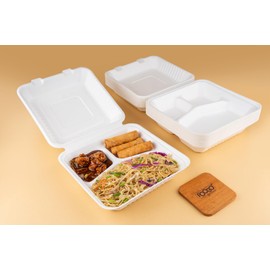 FOOGO Green 50pcs Eco-Friendly Clamshell Takeaway Boxes, 9x9 inch 46oz / 1300ml, 3 compartments, Made from Natural Sugarcane Pulp, Disposable Takeaway Container, Compostable Biodegradable