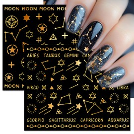 IDDFEVE 12 Zodiac Signs Nail Art Stickers - Gold Galaxy Line, Universe Self-Adhesive 3D Nail Decals for DIY Golden Manicure (12 Sheets)