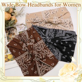 SAWINDA 3 Pcs Wide Headbands for Women Paisley Bow Hair Bands Stretchy Rabbit Ears Hair Bandana Non Slip Exercise Turban Workout Hair Scarf Accessories