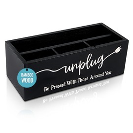 Bamboo Wood Phone Box – Unplug from Phones, Tablets, and Electronics for Study, Meetings, and Family Time, Phone Holder Organizer with Charging Holes, Farmhouse Style, Holds Up to 18 Phones-Black