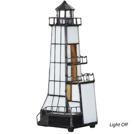 Bieye L10779 Lighthouse Tiffany Style Stained Glass Accent Table Lamp Night Light with Lookout Platform for Home Decoration (4x6x11, Brown)
