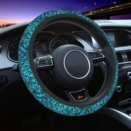Teal Blue Mermaid Fish Dragon Scales Cool Funny Steering Wheel Cover Car Accessories Cute for Women Girls Girly Universal 15 Inch Neoprene Auto Interior Decor Anti Slip Car Truck Protector